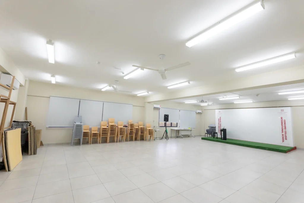 Acton Burnell Hall, the school's multi-purpose hall, seen along its length.
