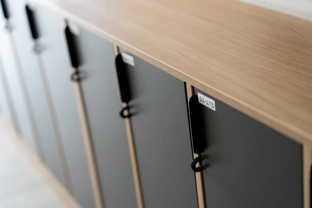 A row of student lockers along a corridor.