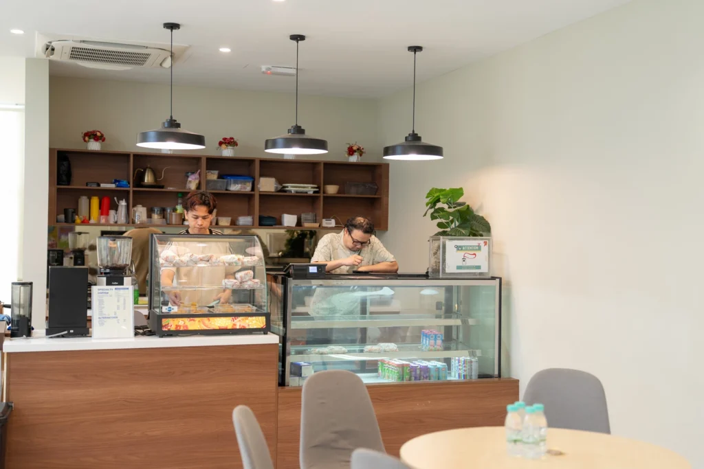 The visitor cafe counter and lounge seating.