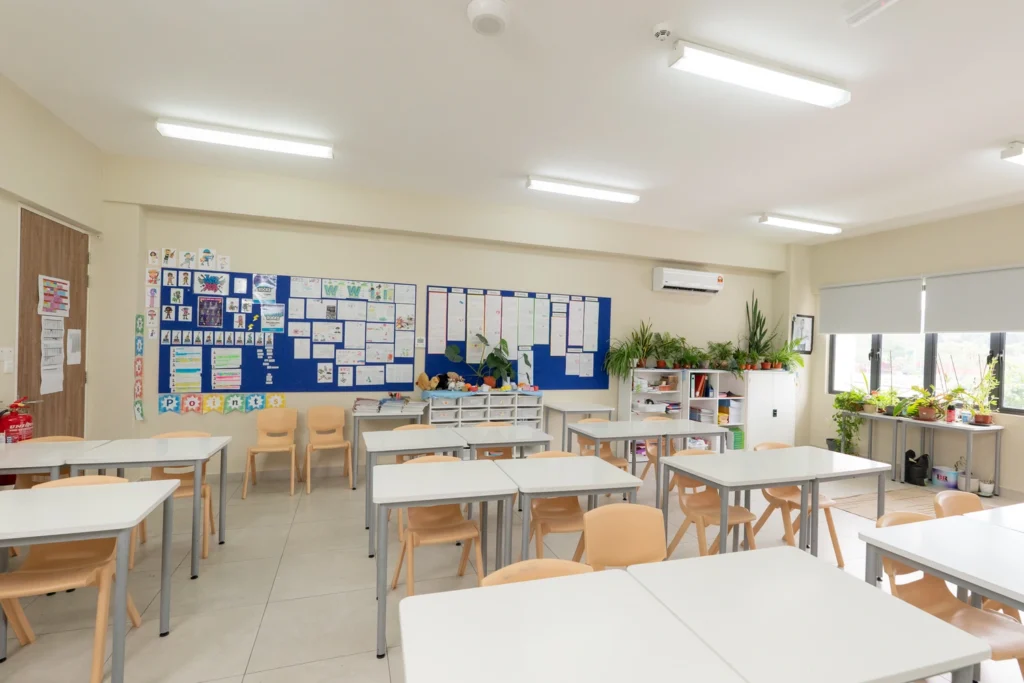 A Year 5 and 6 classroom with grouped tables, a topic display board and plants along the window.